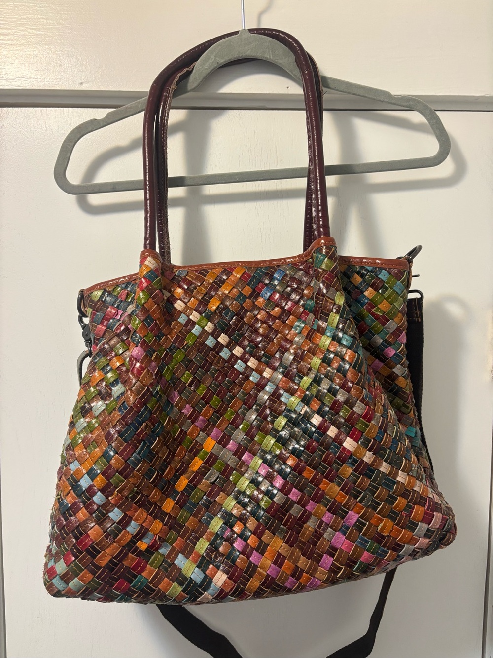 Multicolor Woven Leather Tote Bag with Burgundy Handles